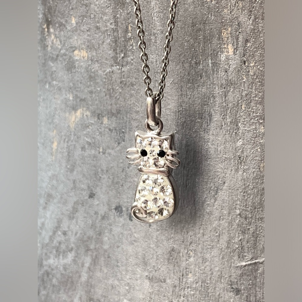 Mini Enamel & Crystal Silver Plated Kitty Cat Whiskers Necklace Kitten Woman’s - Picture 3 of 8